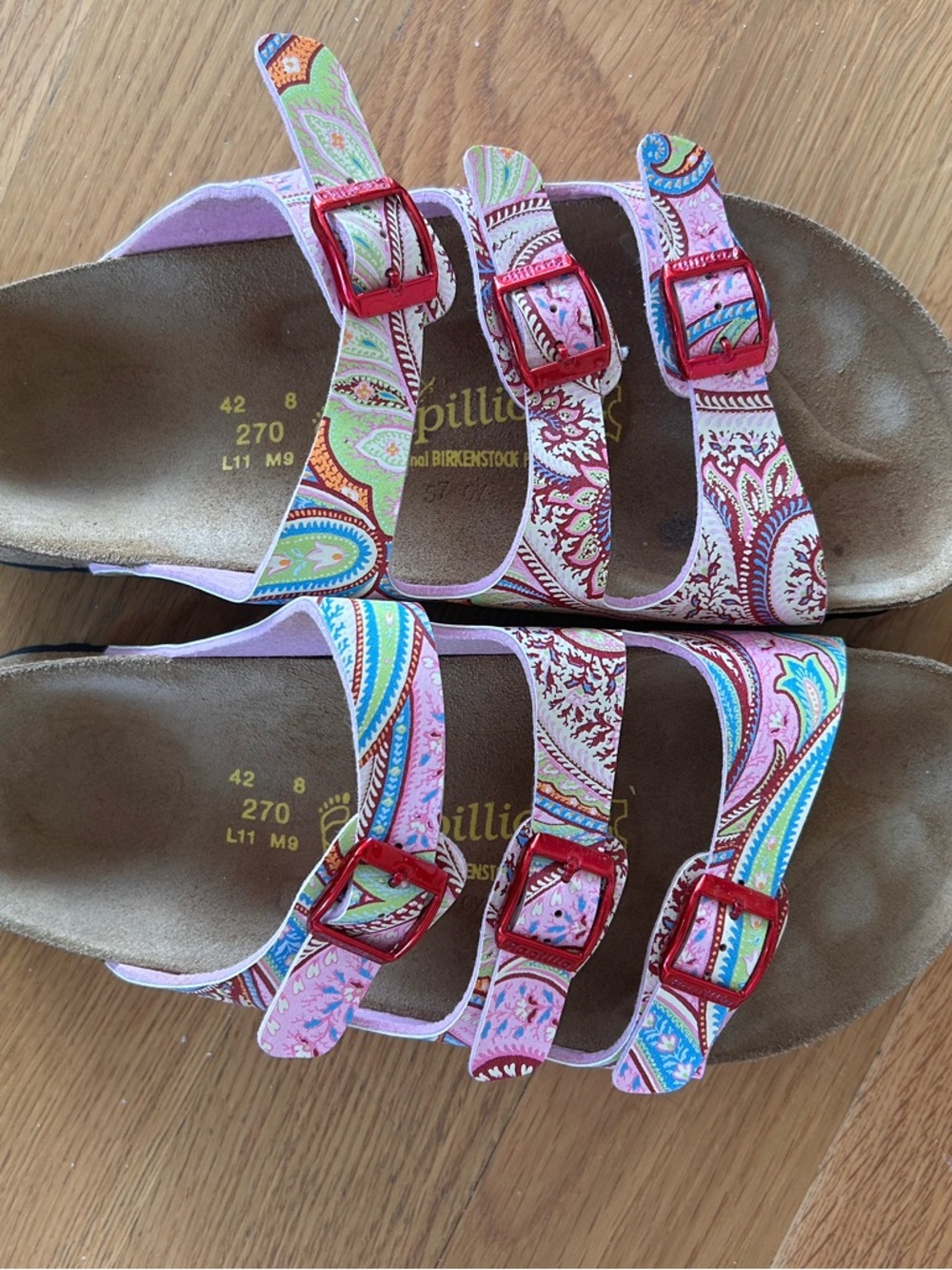 EUC Birkenstock Multicolor Paisley Triple-Strap Sandals with Red Buckles, size 4